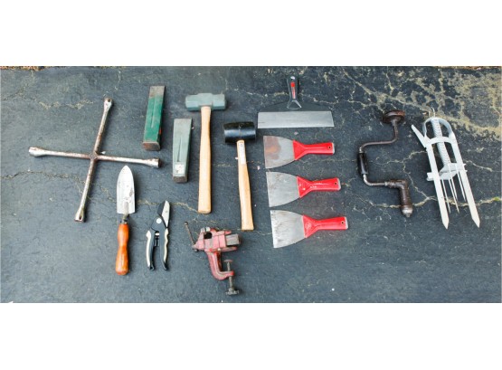 Lot Of Assorted Tools - Tire Iron - Hammer - Garden Tools - Vice - Sheers - Painting Tools