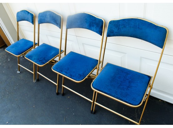 A. Fritz & Co  4 Charming Blue Velvet Folding Chairs -svelte Gold Metal Frame -