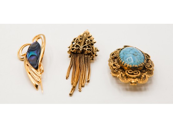3 Beautiful Vintage Brooches - Turquoise And Gold Tone Brooches