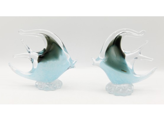 Lot Of 2 Murano Glass Angel Fish, In Tones Of Blue And Clear Glass
