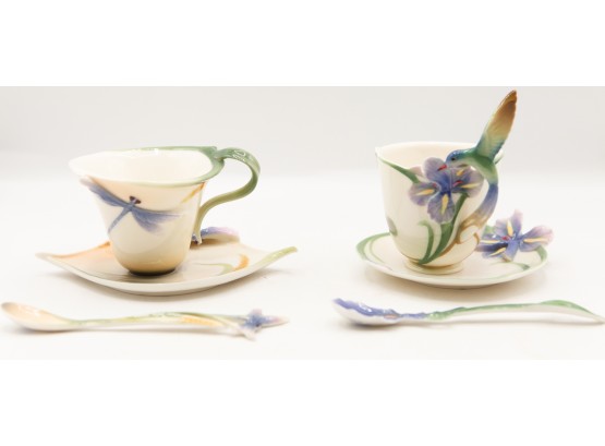 Lot Of 2 Tea Cups W/ Saucers And Spoon - Franz Porcelain Collectables - Hummingbird & Dragonfly