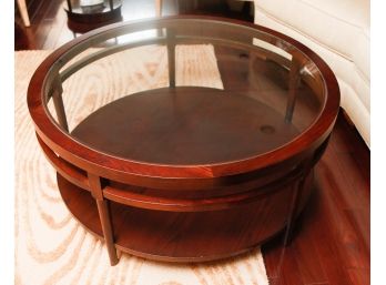 Stunning Round Wooden Coffee Table W/ Glass Top - 42' Round X H19'