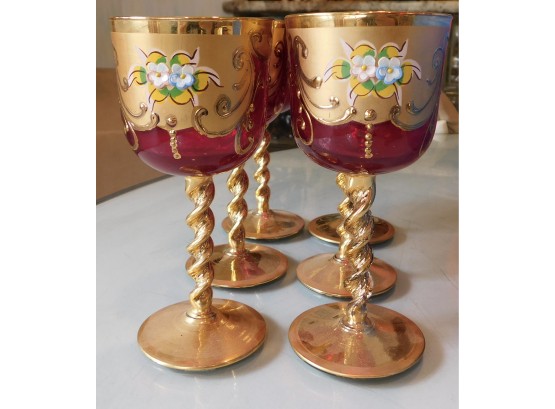 Italian Venetian Barbini Murano Glass Handmade 24K Gold & Ruby Red  Goblets Set Of 6