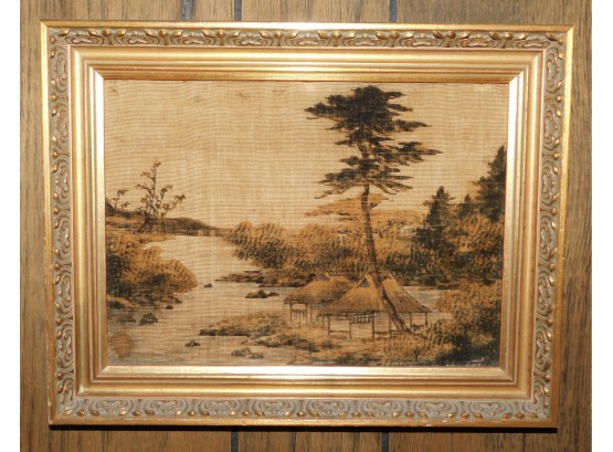 A Village By The River Woven Artwork Ornate Gold Toned Custom Frame