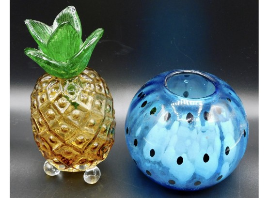 Handmade Crackle Glass Pineapple Fruit Fly Trap & Blue Glass Tea Light Holder