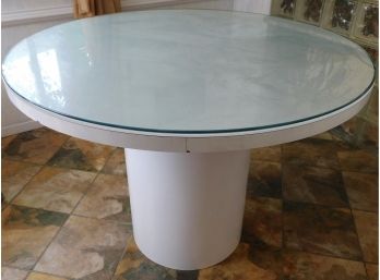 Modern White Formica Round Dining/Kitchen Table With Glass Top