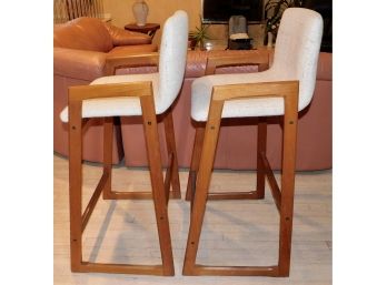 Mid-Century Modern Pair Of Wood Frame Cushion Barstool Chair