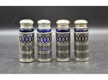 Vintage Silver Plated F B Rogers Cobalt Blue Glass Shakers -Japan  Set Of 4