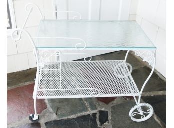 Vintage Portable Patio Bar Cart - Tempered Glass Top - Wrought Iron - White - L34' X H30' X D18.5'