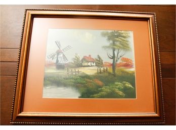 Beautiful Landscape Oil Painting - Farm/windmill - Wooden Frame - L20.5' X H16.5'