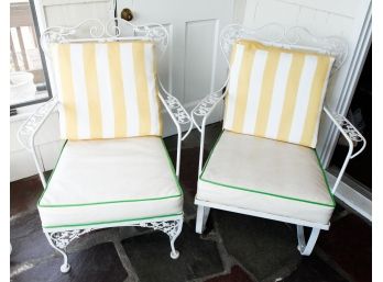 Lot Of 2 Lovely Wrought Iron Chairs - 1 Chair Is A Rocker - W/ Cushions Included