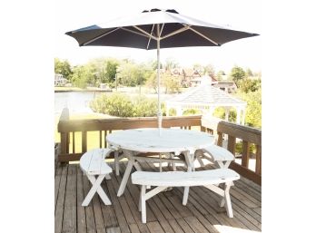 Round Wooden Patio Table W/ 4 Benches - UMBRELLA NOT INCLUDED