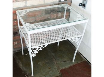 Vintage Patio Mesh Side Table W/ Glass Top And Shelf - L24.5' X H24.5' X D16.5'