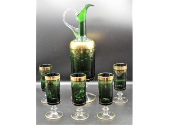 Green Italian Gold Vintage Wine/whiskey Decanter Set With 5 Shot Glasses