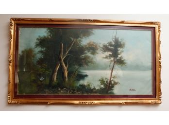 Beautiful Oil On Canvas Signed - De Corsio - Ornate Frame -Scenic Lake Fisherman