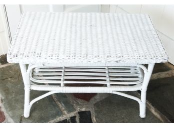 Lovely White Wicker Table W/ Shelf - L30' X H18' X D18'