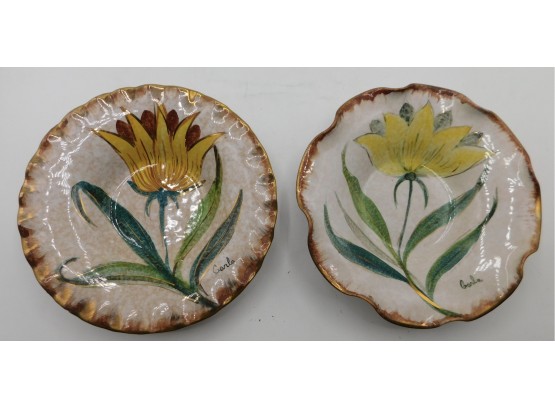 Pair Of Hand-painted Floral Pattern Porcelain Plates Signed By Carla