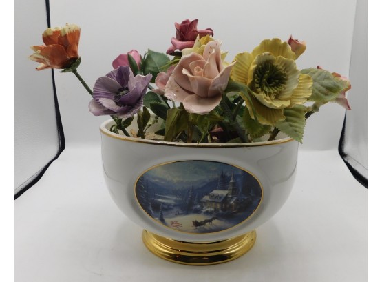 Thomas Kinkade Sunday Evening Sleigh Ride Vase Filled With Bone China Flowers