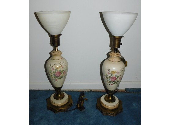 Vintage Pair Of Lenox Style Hand-painted Lamps With Milk Glass Shade