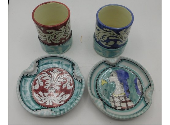 Lovely Set Of Orvieto Hand-painted Ceramic Mugs And Saucers
