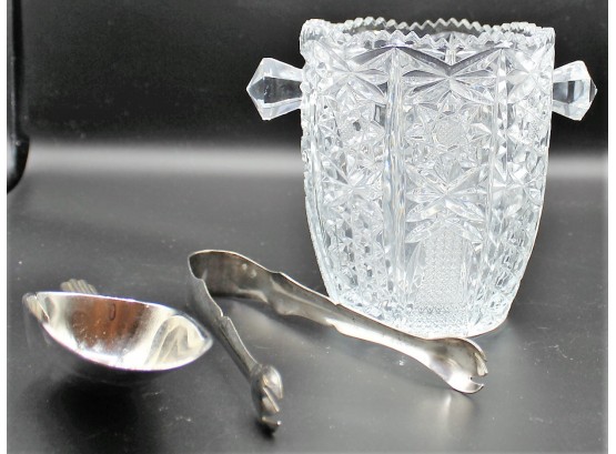 Vintage Lead Crystal Pressed Glass Ice Bucket With Saw Tooth Edges & Knob Handles