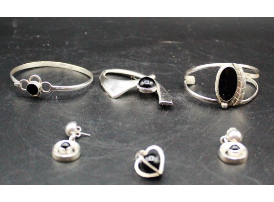 Lot Of Assorted Stamped Mexican Silver/onyx Jewelry Pieces