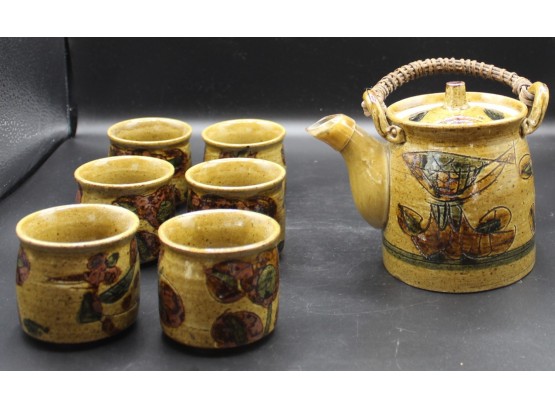 Vintage Stoneware OMC Japan Tea Set - Teapot & 6 Cups Rattan Handle, Circa 1960s