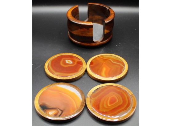Orange Agate Stone Wood Coaster Barware - Set Of 5 'heart Of Earth'