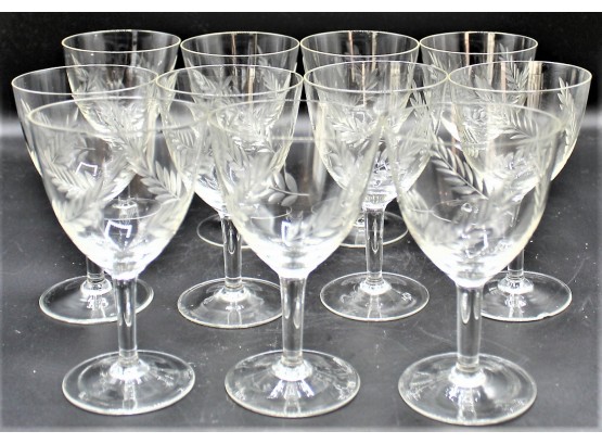 Vintage Laurel Leaf Etched Crystal Wine Goblets - Set Of 11