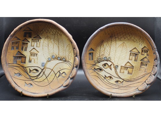 Rare Hand Made Israeli Decorative Clay Bowls