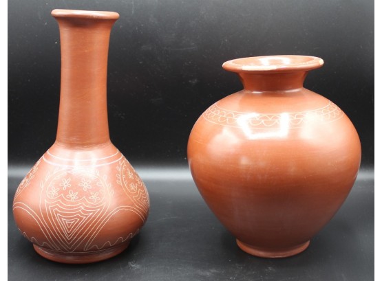 Stunning Pair Of Hand Crafted / Hand Painted Panamanian Clay Pottery Vases