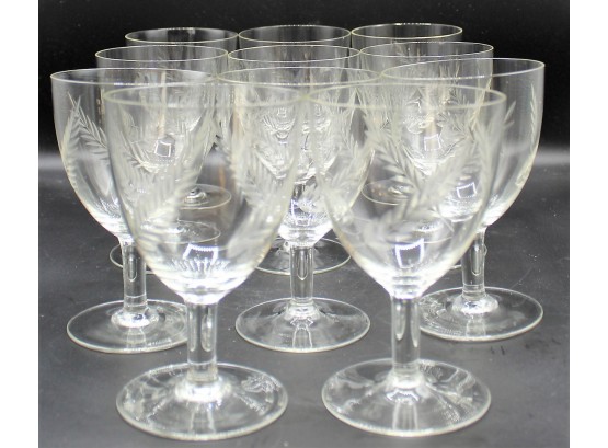 Vintage Laurel Leaf Etched Crystal Wine Stemmed Glasses - Set Of 11