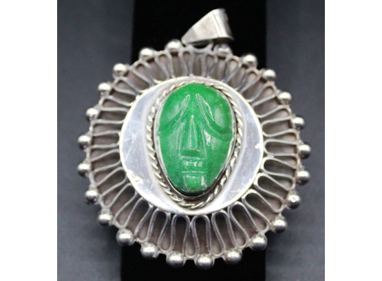 Vintage Mexico STAMPED Texaco Silver Carved Green Jade Maya Head Brooch Pin And Pendant 925