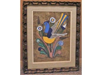 Vintage Mexican Folk Art Peacock Watercolor Carved Ornate Frame