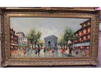 Vibrant French Scenic Original Lorenz Oil Painting Carved Ornate Frame
