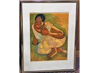 Vintage Crouching Tahitian Woman By Paul Gauguin Framed & Matted