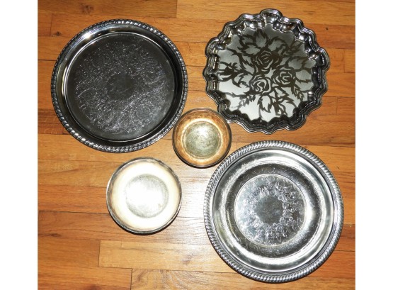 Assorted Lot Of 5 Silver Serving Platters/bowl