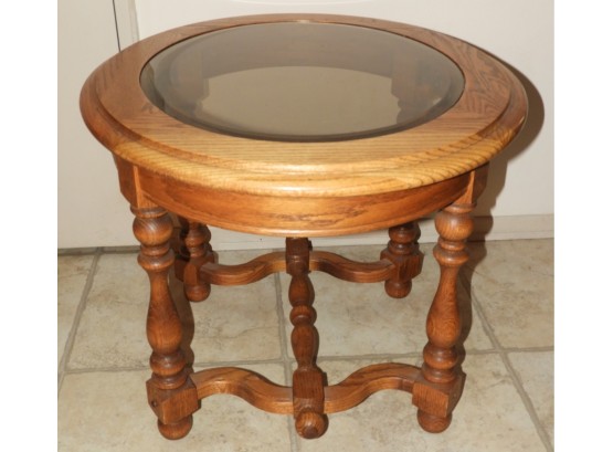Round Wood Accent Table With Glass Top