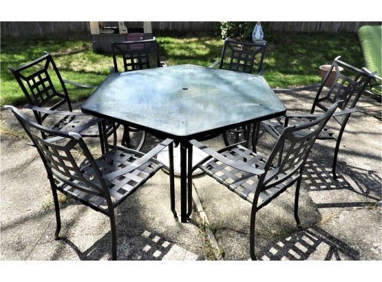 Metal Outdoor Table With Glass Top & 6 Chairs
