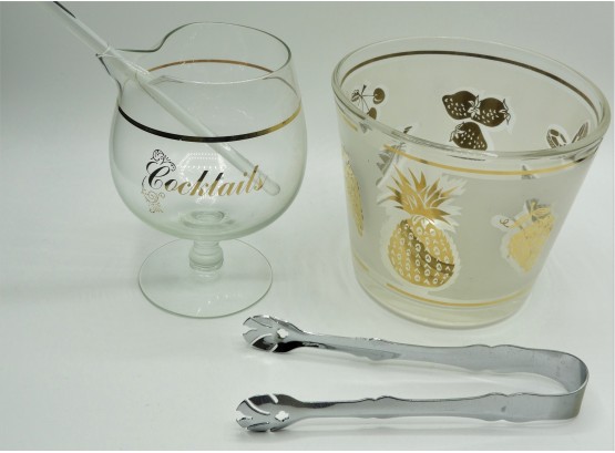 Glass Ice Bucket & Cocktails Glass, Stirrer With Gold Accents