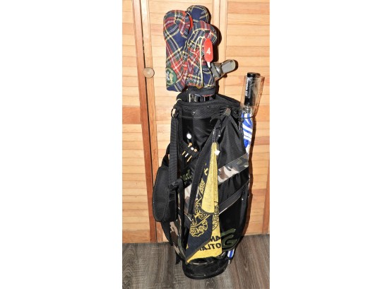 Assorted Lot Of Golf Clubs With Cleveland Golf Bag And Wilson Umbrella