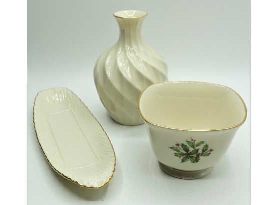 Lenox Set Of 3 Vase, Bowl & Butter Dish