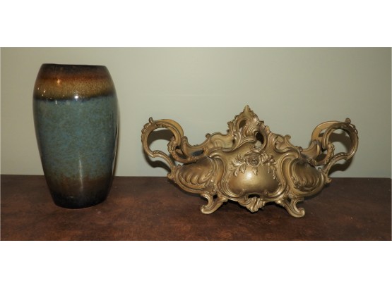 Set Of 2 Turquois Vase & Gold Tone Planter