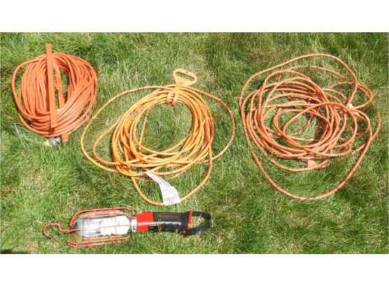 Assorted Lot Of 3  Outdoor Power Cords & Snap-on Hanging Light
