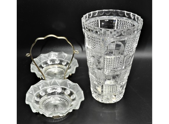 Lovely Cut Glass Vase & Dual Relish Bowls