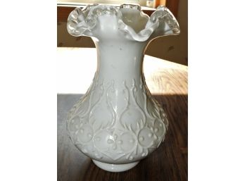 Vintage Fenton Milk Glass Vase With Stylish Ribbed Scalloped Top