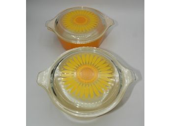 Vintage Orange & Yellow Pyrex With Daisy Sunflower Lids - Set Of 2