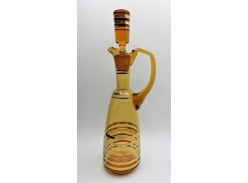 Mid-Century Vintage Amber Glass Decanter With Stopper & Gold Accent Swirl Design