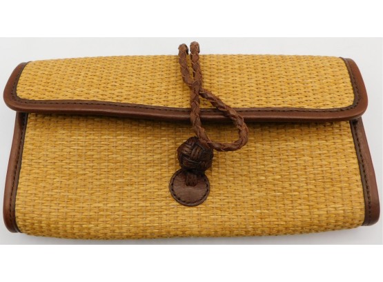 Eddie Bauer Clutch Handbag Leather And Woven Straw Tan