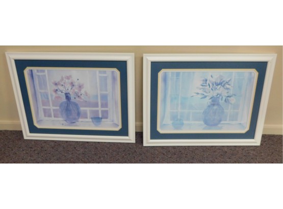 Pair Of Two Matching Decorative Floral Prints In Wooden Frames